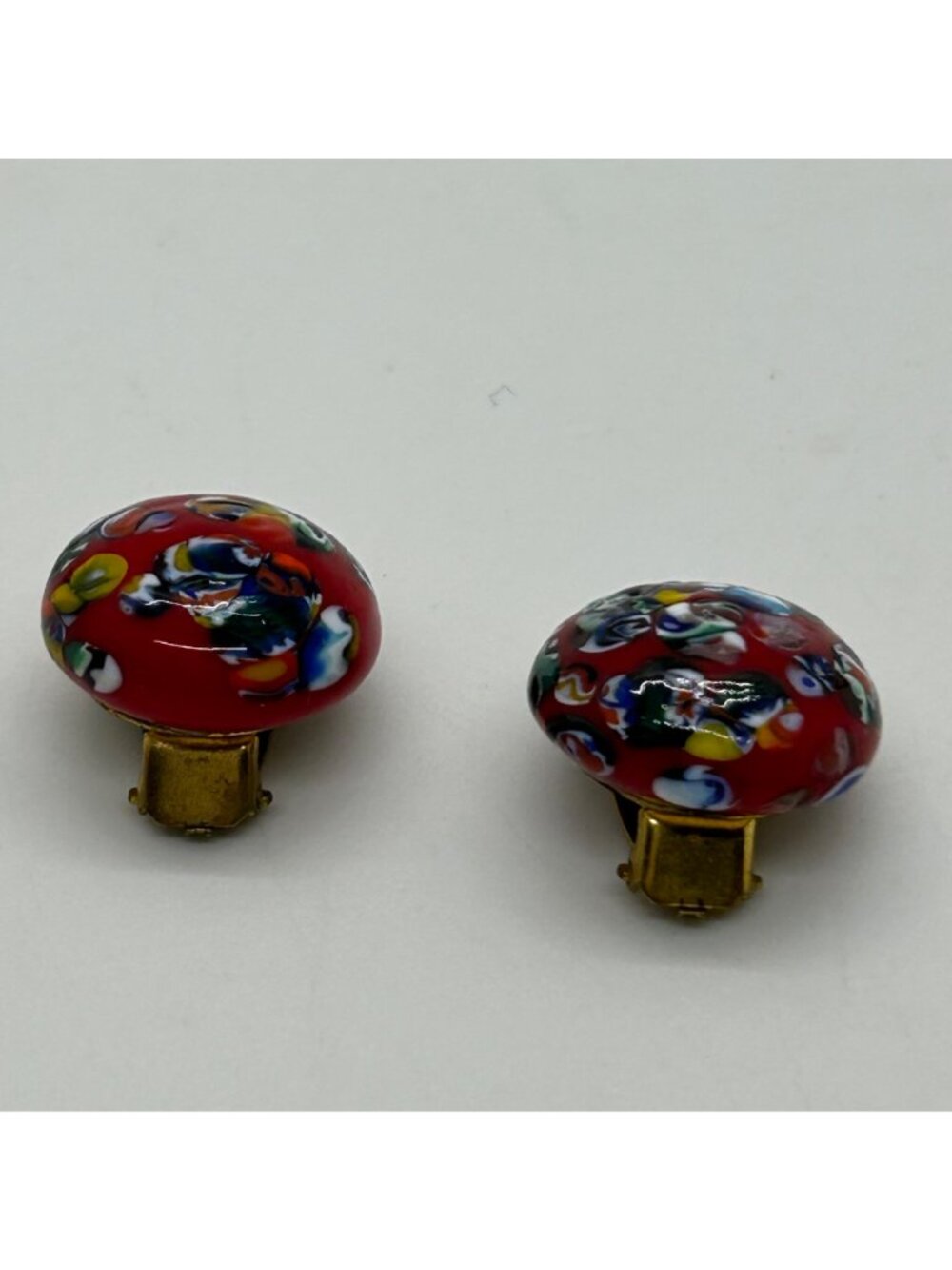 Millefiori Glass Clip-On Earrings Red Dome Multi-Color Mosaic Vintage - Picture 4 of 16